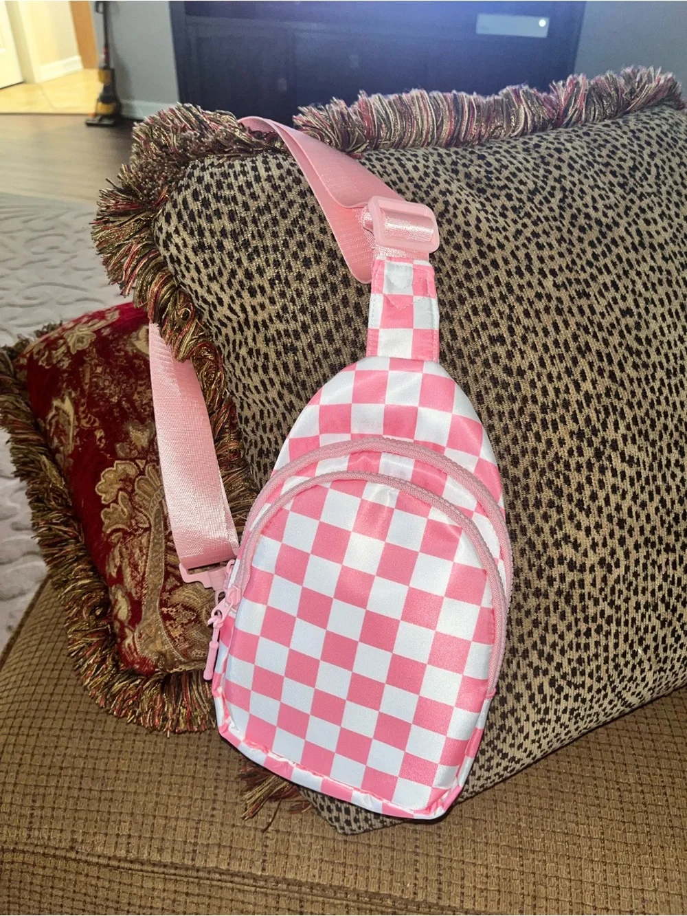 Pink Checkered Sling Crossbody Bag